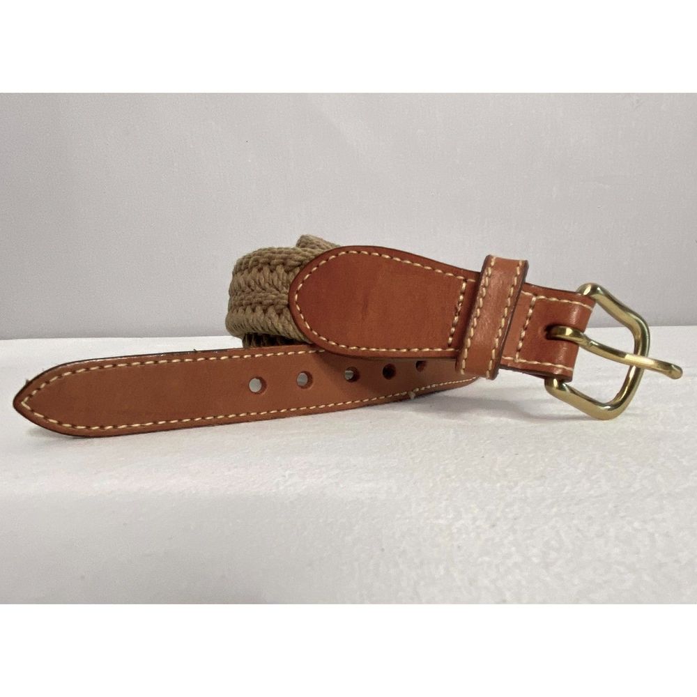 💎Peter England Woven Belt Mens 36 L Khaki Cord Center Tan Leather Ends